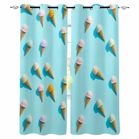Blue Ice Cream Blackout Curtains 39 Inches Long  Thermal Insualted Grommet Curtains & Drapes  Summer Colorful Ice Cream Room Darking Curtains for Livi