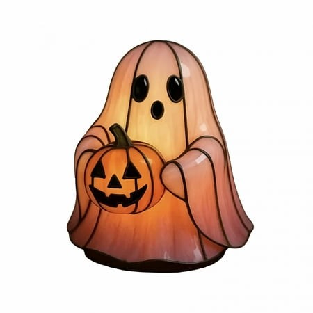 HIBIBUD 2026 New Stained Glass Halloween Ghost Night Light with Pumpkin  Handcrafted Decorative Table Lamp for Holiday Home Decor  Unique Spooky Accen