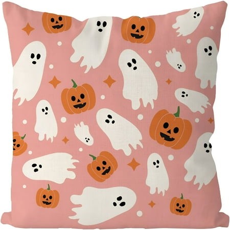 AUQ 2026 New Halloween Pillow Covers 18X18  Ghost Pumpkins Pink Linen Pillowcase Holiday Farmhouse Throw Pillows Indoor Outdoor Couch Cushion Case for