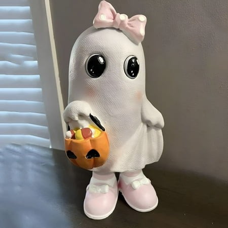 XIBUFE 2026 New Cute Bow Ghost Statue Funny Ghost Ornaments Cute Ghost Holding Pumpkin Statue Resin Spooky Cat S Paw Ghost Figurine Halloween Decor fo