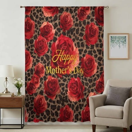 Red Roses Leopard Sheer Curtains 45 Inches Long for Bedroom  Happy Mother S Day Light Filtering Privacy Drapes  Breathable Semi Sheer Short Window Tre