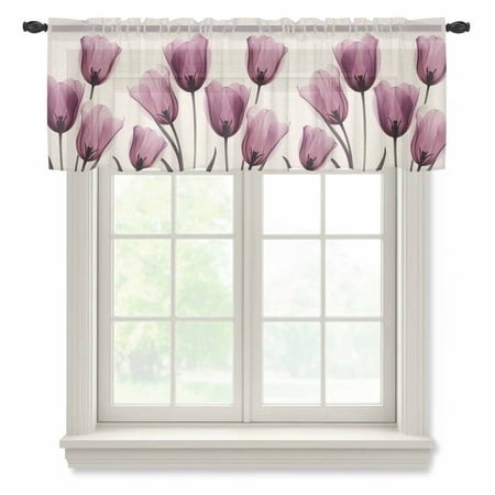 Rose Red Tulip Sheer Curtains Valances for Windows Vintage Beige Spring Pastoral Flower Chiffon Kitchen Valances for Cafe  Rod Pocket Voile Window Tre