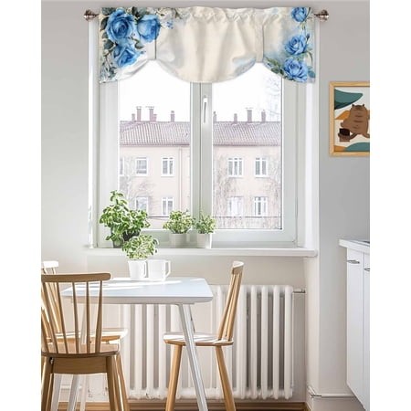 Tie up Valance Curtain for Kitchen  Watercolor Blue Rose Rod Pocket Short Curtains Adjustable Tie-up Shade Valances  Vintage Flowers Plants Window Tre