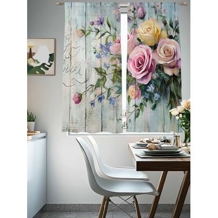 Sheer Curtains 72 Inches Long 2 Panels  Spring Rose Pastoral Flowers Rod Pocket Curtain Voile Draperies  Vintage Wood Grain Light Filtering Window Tre