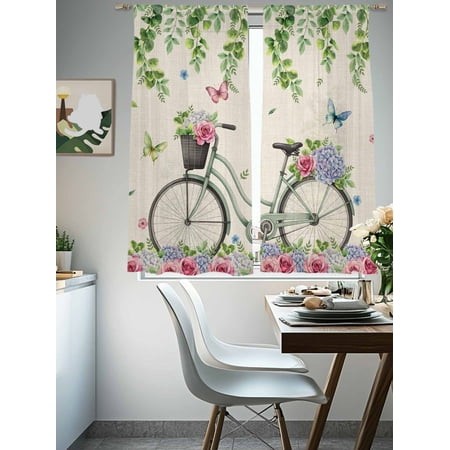 Sheer Curtains 72 Inches Long 2 Panels  Vintage Bike on Linen Rod Pocket Curtain Voile Draperies  Spring Jugal Leaves Roses Light Filtering Window Tre