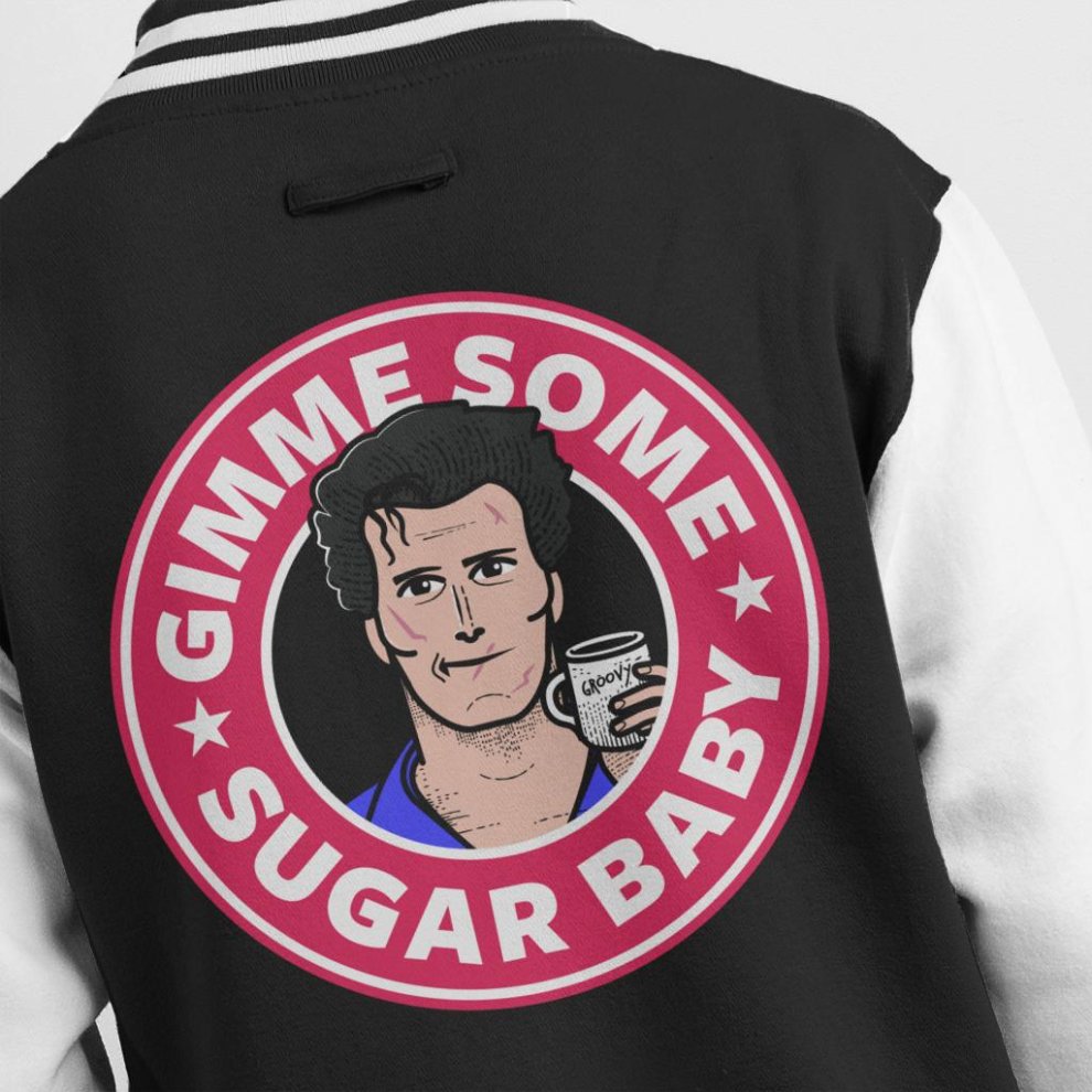 (X-Large (12-13 Yrs), Black/White) Gimme Some Sugar Baby Ash Army of Darkness Starbucks Logo Kid's Varsity Jacket thumbnail