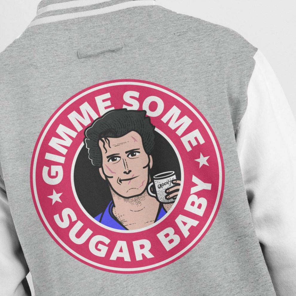 (X-Large (12-13 Yrs), Heather Grey/White) Gimme Some Sugar Baby Ash Army of Darkness Starbucks Logo Kid's Varsity Jacket thumbnail