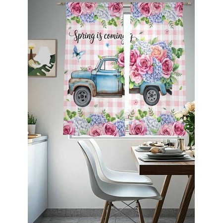 Sheer Curtains 72 Inches Long 2 Panels  Spring Is Coming Blue Car Rod Pocket Curtain Voile Draperies  White Pink Plaid Rose Light Filtering Window Tre