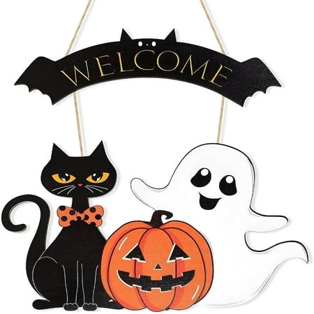XIBUFE 2026 New Halloween Decoration Wooden Ghost Door Wreath for Front Door Sign Wall Signs Pumpkin Black Cat Happy Halloween Sign Hanging for Home W
