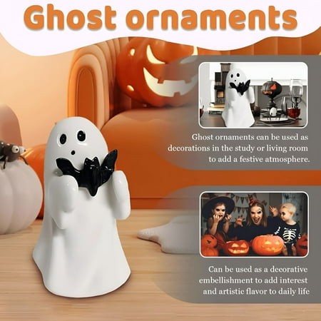 ACDANC 2026 New Halloween Ghost with Bat Ceramic Figurine Ceramic Ghost Halloween Decorative Figurine Ghost Decor for Home Office Gift for Friend and 