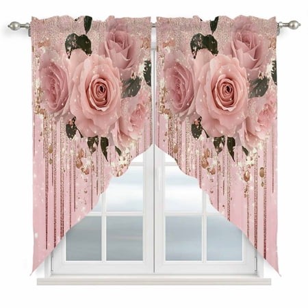 Pink Roses Romantic Kitchen Window Curtains  Swag Curtains Valance for Bedroom Living Room Bathroom  Watercolor Botanical Floral Rod Pocket Window Tre