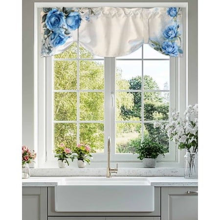 Tie up Valance Curtain for Kitchen  Watercolor Blue Rose Rod Pocket Short Curtains Adjustable Tie-up Shade Valances  Vintage Flowers Plants Window Tre