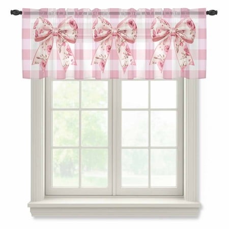 Pink Floral Print Sheer Curtains Valances for Windows Checkered Bow Rose Flower Gingham Chiffon Kitchen Valances for Cafe  Rod Pocket Voile Window Tre