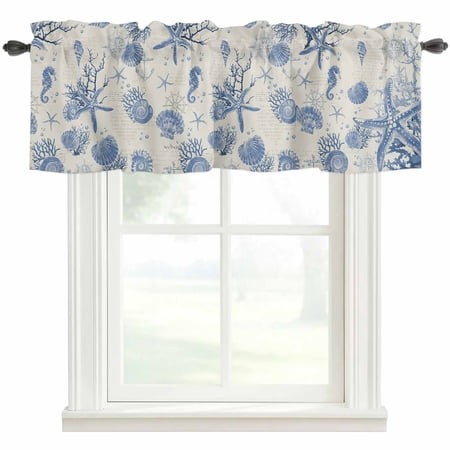 Blue Coastal Starfish Kitchen Valances for Windows  Beach Ocean Nautical Shells Conch Bathroom Window Valances 42x12 Inch Rod Pocket Window Treatments