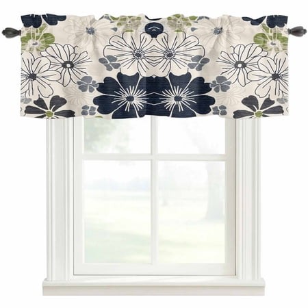White Black Flowers Kitchen Valances for Windows  Vintage Floral Beige Burlap Bathroom Window Valances 60x18 Inch Rod Pocket Window Treatments Valance