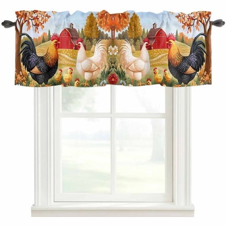 Orange Retro Rooster Kitchen Valances for Windows  Pastoral Animals Spring Floral Bathroom Window Valances 60x18 Inch Rod Pocket Window Treatments Val