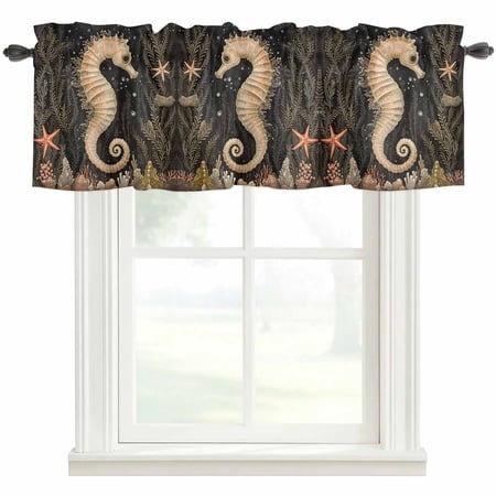 Coastal Vintage Seahorse Kitchen Valances for Windows  Summer Ocean Starfish Coral Bathroom Window Valances 42x18 Inch Rod Pocket Window Treatments Va