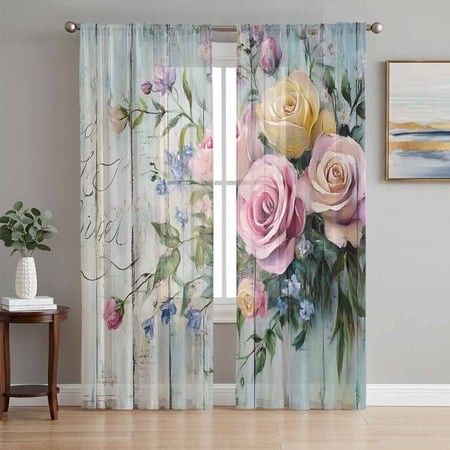 Sheer Curtains 84 Inches Long 2 Panels  Spring Rose Pastoral Flowers Rod Pocket Curtain Voile Draperies  Vintage Wood Grain Light Filtering Window Tre