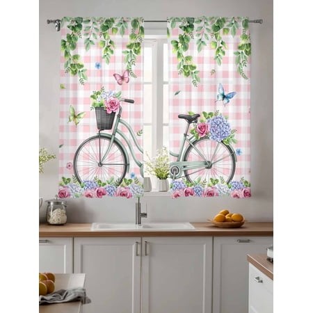 Sheer Curtains 63 Inches Long 2 Panels  Spring Roses Jugal Leaves Rod Pocket Curtain Voile Draperies  White Pink Plaid Bike Light Filtering Window Tre