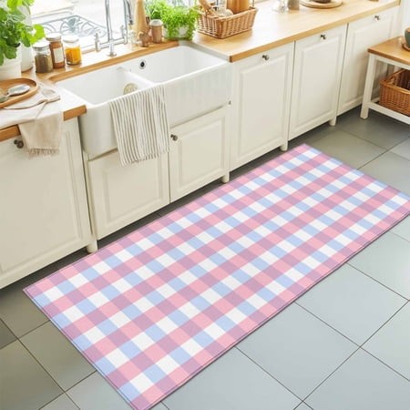 Kitchen Runner 2 X 6 Ft  Blue Pink Plaid Non-Slip Residential Carpet  Watercolor Checkered Buffalo Farmhouse Indoor Crawling Mats Runner Rugs for Livi