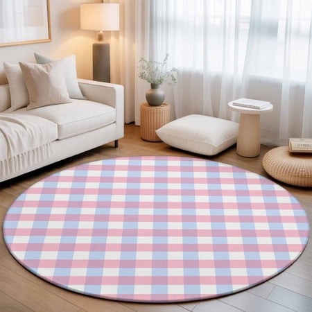 Round Area Rugs Collection 6 Ft  Blue Pink Plaid Non-Slip Residential Carpet  Watercolor Checkered Buffalo Farmhouse Indoor Crawling Mats Runner Rugs 
