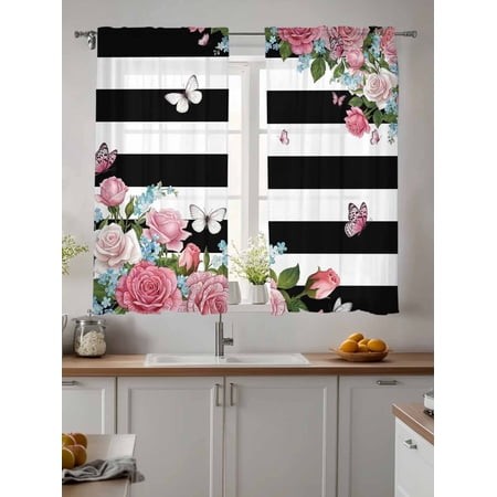Sheer Curtains 63 Inches Long 2 Panels  Spring Rose Flower Butterfly Rod Pocket Curtain Voile Draperies  Black White Stripe Light Filtering Window Tre