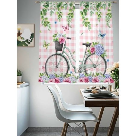 Sheer Curtains 72 Inches Long 2 Panels  Spring Roses Jugal Leaves Rod Pocket Curtain Voile Draperies  White Pink Plaid Bike Light Filtering Window Tre