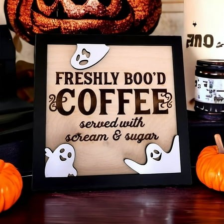 XIBUFE 2026 New Halloween Ghost Decor Freshly Boo D Coffee Decorations Coffee Bar Kitchen Wooden Sign for Desk Table