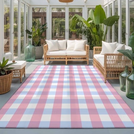 Rectangle Area Rugs 4 X 6 Ft  Blue Pink Plaid Non-Slip Residential Carpet  Watercolor Checkered Buffalo Farmhouse Indoor Crawling Mats Runner Rugs for