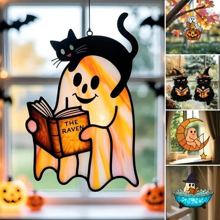 XIBUFE 2026 New Halloween Suncatcher Stained Glass Window Hanging Light Catcher Ornaments Ghost Black Cat Craft for Wall Window Decor for Window  Wall
