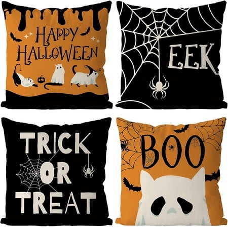 AUQ 2026 New Halloween Pillow Covers 18X18  Set of 4 Halloween Ghost Cat Pillowcase Holiday Farmhouse Throw Pillows Indoor Outdoor Couch Cushion Case 
