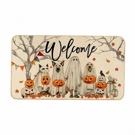 RLESO 2026 New Halloween Fall Door Mat Halloween Ghost Dogs Pumpkin Outdoor Mats for Front Door Halloween Entrance Non-Slip Doormat Fall Entryway Welc