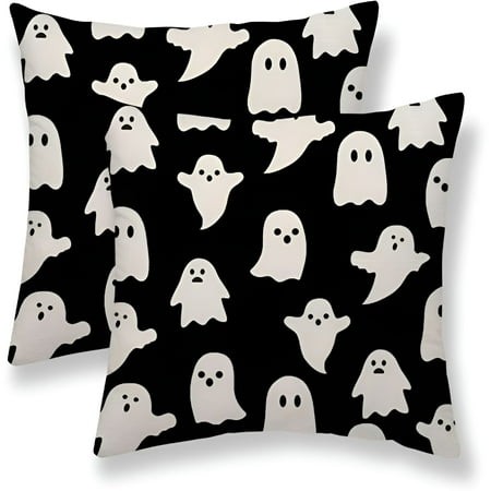 AUQ 2026 New Halloween Pillow Covers 18X18 Set of 2 White Ghost Decorative Throw Pillow Covers Holiday Farmhouse Outdoor Black Pillowcase for Couch So