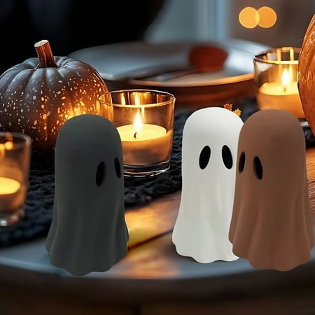 XIBUFE 2026 New Halloween Paper Mache Ghost Tabletop Decorations – 4In Indoor Resin Statues for Shelf Party Holiday Decor Brown