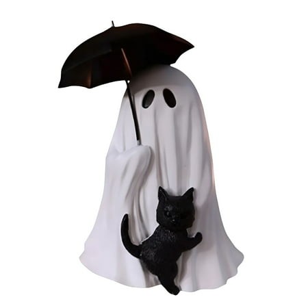 XIBUFE 2026 NewHalloween Ghost Figurine Ghost with Cat Holding Umbrella Mini Resin Ghost Figure Halloween Ghost Decorations 6.3  Perfect for Spooky Fe