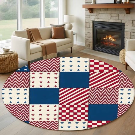 Round Area Rug 5ft  Independence Day 250th Anniversary Non-Shedding Washable Area Rug  Stars Stripes Patchwork Non Slip Low-Profile Circle Rugs for Li