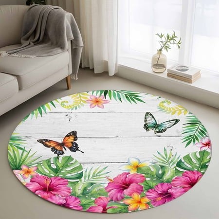Round Area Rug 4ft  Burmese Gardenia Flower Butterflies Non-Shedding Washable Area Rug  Purple Floral Art Non Slip Low-Profile Circle Rugs for Living 