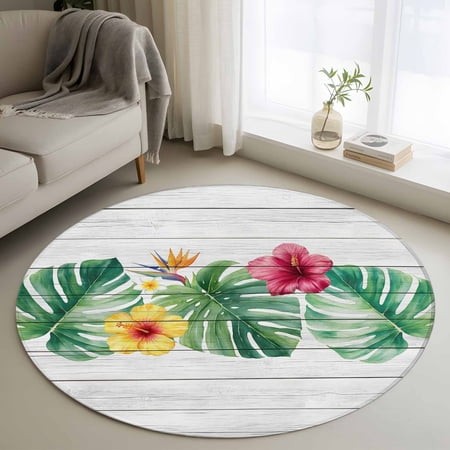 Round Area Rug 3ft  Green Monstera Yellow Pink Flower Non-Shedding Washable Area Rug  Rustic Floral Leaf Wood Plank Non Slip Low-Profile Circle Rugs f