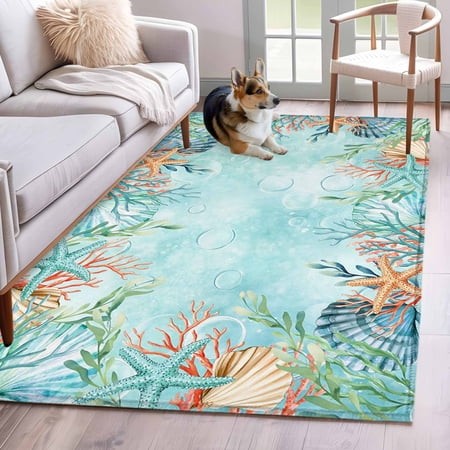 Rectangle Area Rug 4x6ft  Ocean Coral Starfish Shell Non-Shedding Washable Area Rug  Underwater Creature Theme Non Slip Low-Profile Rugs for Living Ro