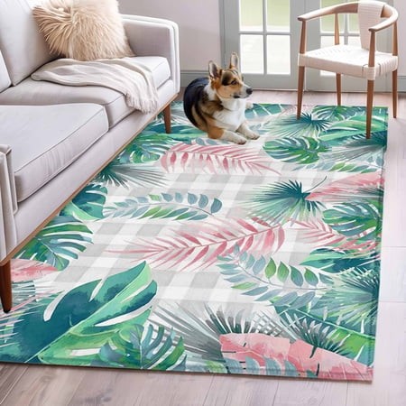 Rectangle Area Rug 4x6ft  Watercolor Green Pink Leaves Non-Shedding Washable Area Rug  Monstera on Gray White Buffalo Non Slip Low-Profile Rugs for Li