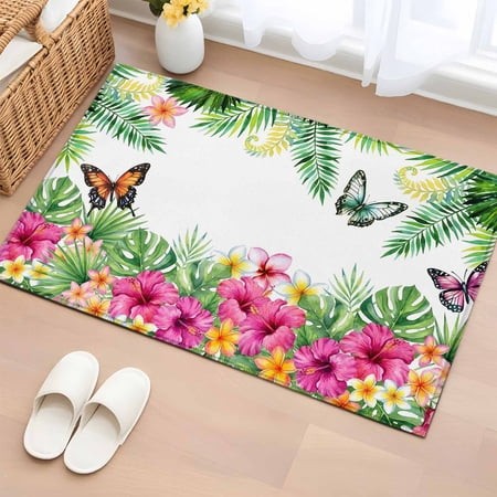 Rectangle Area Rug 2x3ft  Summer Flower Leaf Butterfly Non-Shedding Washable Area Rug  Pastoral Floral Plant Non Slip Low-Profile Rugs for Living Room