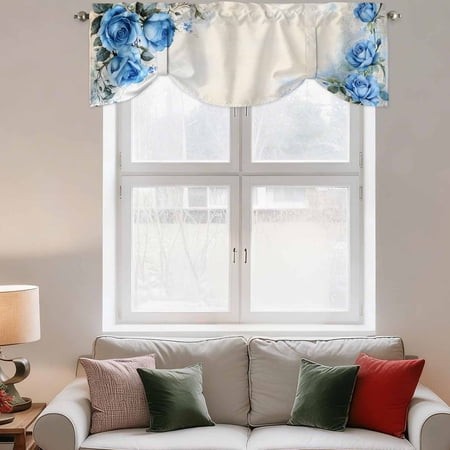 Tie up Valance Curtain for Kitchen  Watercolor Blue Rose Rod Pocket Short Curtains Adjustable Tie-up Shade Valances  Vintage Flowers Plants Window Tre