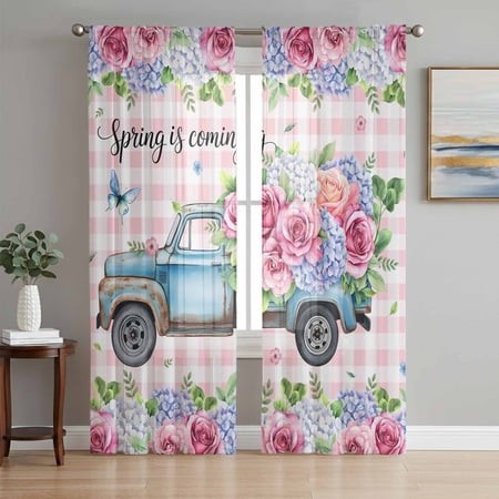 Sheer Curtains 84 Inches Long 2 Panels  Spring Is Coming Blue Car Rod Pocket Curtain Voile Draperies  White Pink Plaid Rose Light Filtering Window Tre