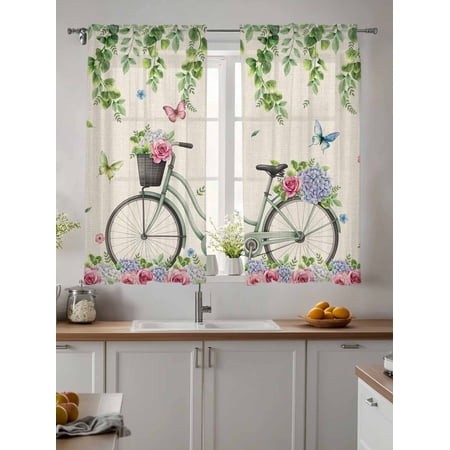 Sheer Curtains 63 Inches Long 2 Panels  Vintage Bike on Linen Rod Pocket Curtain Voile Draperies  Spring Jugal Leaves Roses Light Filtering Window Tre