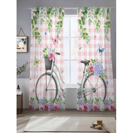 Sheer Curtains 96 Inches Long 2 Panels  Spring Roses Jugal Leaves Rod Pocket Curtain Voile Draperies  White Pink Plaid Bike Light Filtering Window Tre
