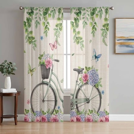 Sheer Curtains 84 Inches Long 2 Panels  Vintage Bike on Linen Rod Pocket Curtain Voile Draperies  Spring Jugal Leaves Roses Light Filtering Window Tre
