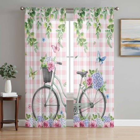 Sheer Curtains 84 Inches Long 2 Panels  Spring Roses Jugal Leaves Rod Pocket Curtain Voile Draperies  White Pink Plaid Bike Light Filtering Window Tre