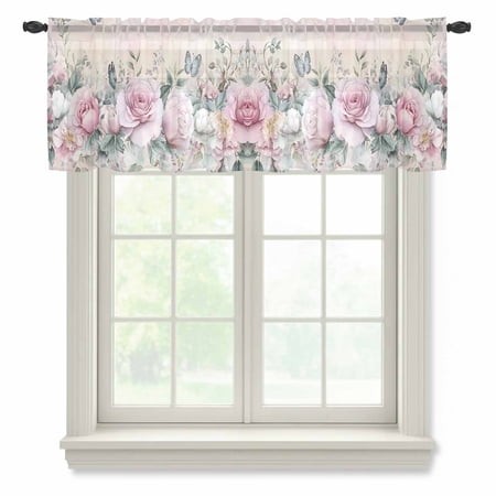 Pink Roses Floral Sheer Curtains Valances for Windows Vintage Romance Botanical Flowers Chiffon Kitchen Valances for Cafe  Rod Pocket Voile Window Tre