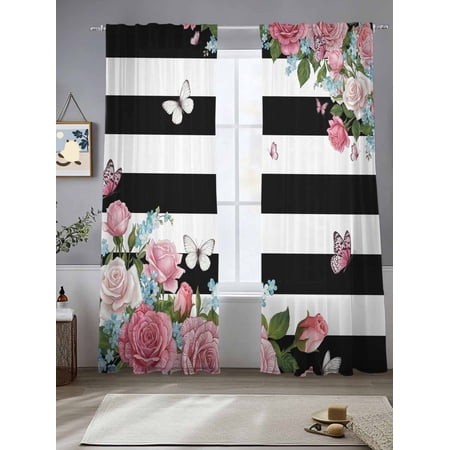 Sheer Curtains 96 Inches Long 2 Panels  Spring Rose Flower Butterfly Rod Pocket Curtain Voile Draperies  Black White Stripe Light Filtering Window Tre