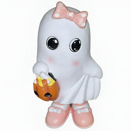 XIBUFE 2026 New Halloween Ghost Decor Mini Resin Pumpkin Garden Figurines Girl Ghost with Purple Shoes and Bow Suitable for Diy Garden Accessories Ado